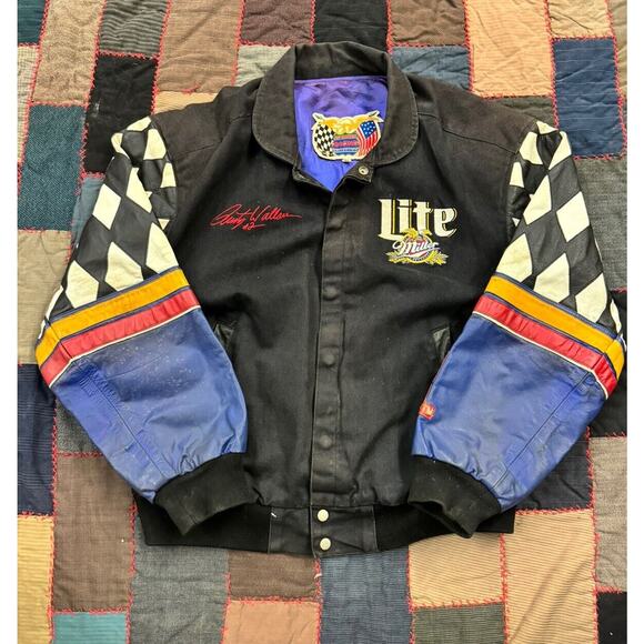Vintage 80s Rusty Wallace Jeff Hamilton Checkered Leather Jacket Miller‎ Lite XL - Picture 1 of 9